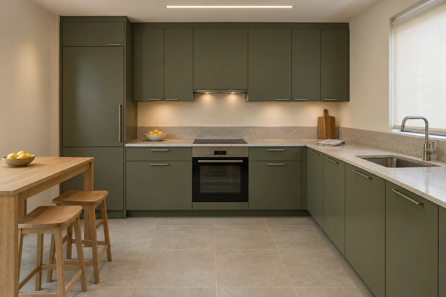 Cuisine aux façades vert olive, plan de travail clair et détails en chêne