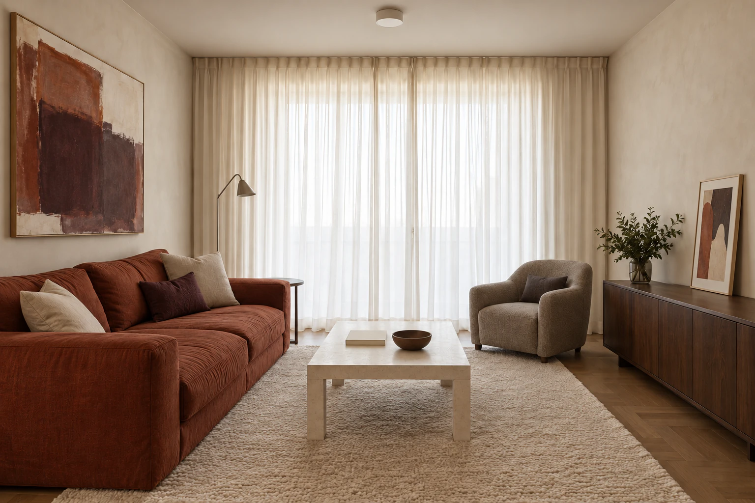 Salon d’appartement avec canapé terracotta, tapis clair et meuble bas en noyer