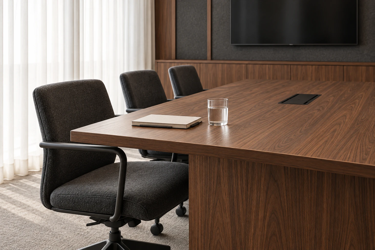 Détail de la table en noyer et des finitions de la salle de réunion